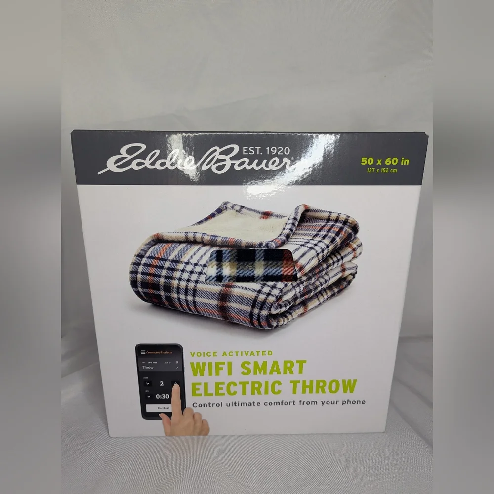 Eddie Bauer Voice Activated WiFi Smart Electric Sherpa Plaid Throw Blanket - NEW